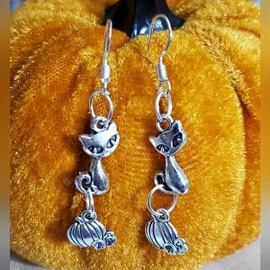 Cat pumpkin earrings 925 stamped sterling silver New handmade fall autumn